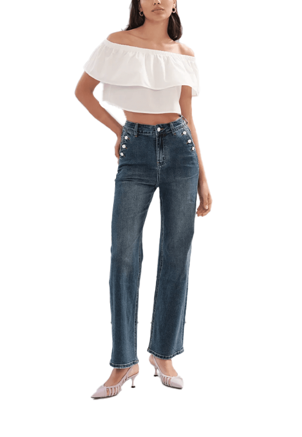 White Wise - Petra-Jeans flare high waist con bottoni su tasche