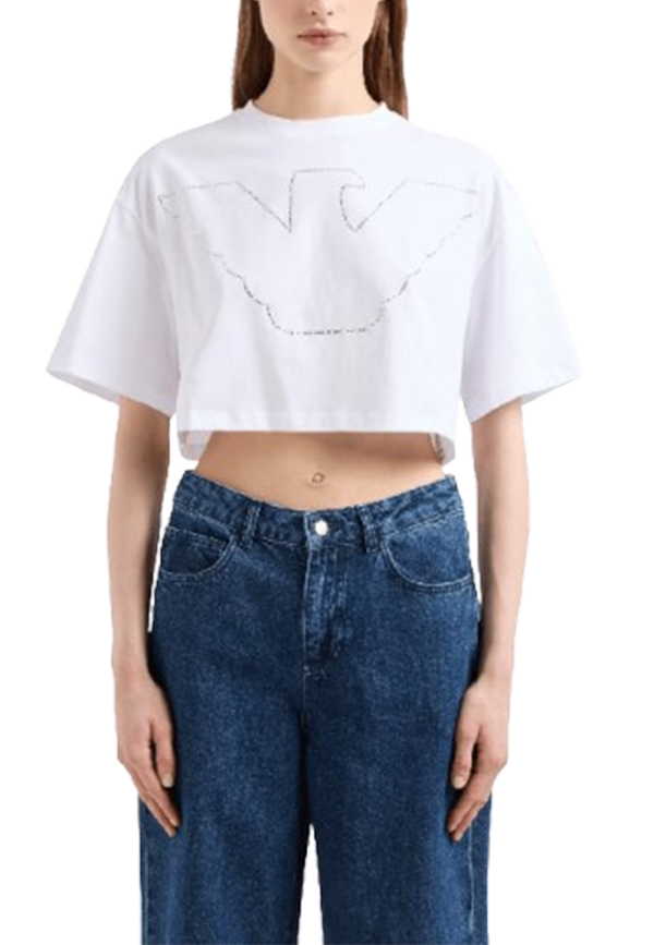 Giorgio Armani - T-shirt cropped con maxi aquila strass in jersey stretch ASV