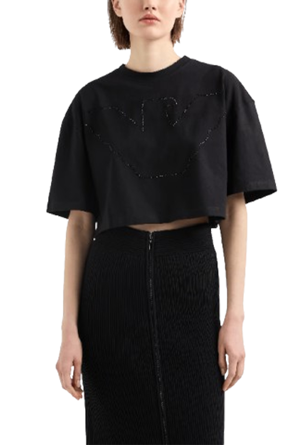 Giorgio Armani - T-shirt cropped con maxi aquila strass in jersey stretch ASV