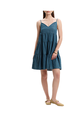 White Wise - Abito corto in chambray con balze e bretelline