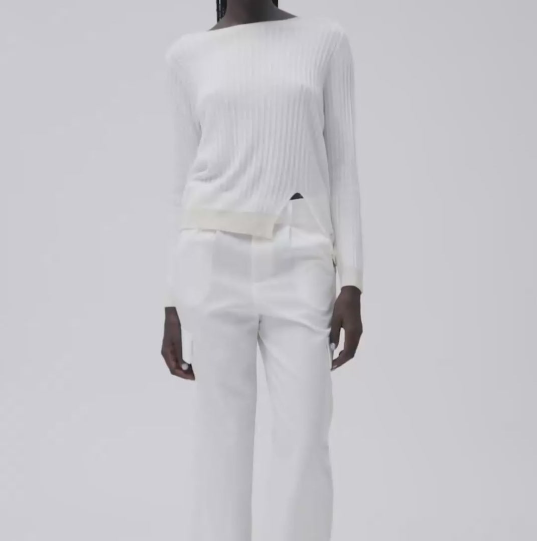 White Wise - Maglia con Spacco e Scollo a V Rib a Contrasto