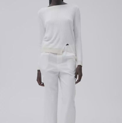 White Wise - Maglia con Spacco e Scollo a V Rib a Contrasto