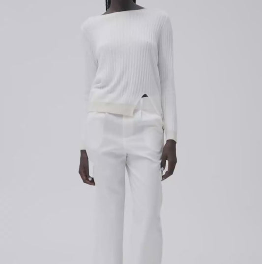 White Wise - Maglia con Spacco e Scollo a V Rib a Contrasto
