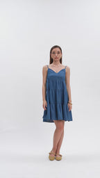 White Wise - Abito corto in chambray con balze e bretelline